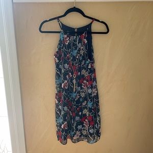 Navy blue floral summer flowy dress with attached gold necklace